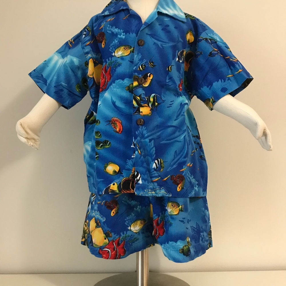 Vintage Kids Pacific Legends Hawaiian Set - Blue Underwater Tropical Fish Print